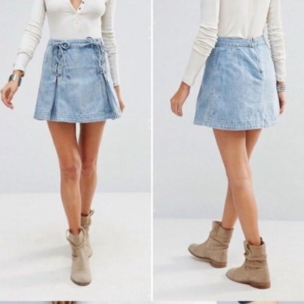 Free People Lace Up Pleated Denim Mini Skirt Jean skirt